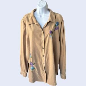 cascade blue L Faux Suede Floral Embroidered Shirt Tan